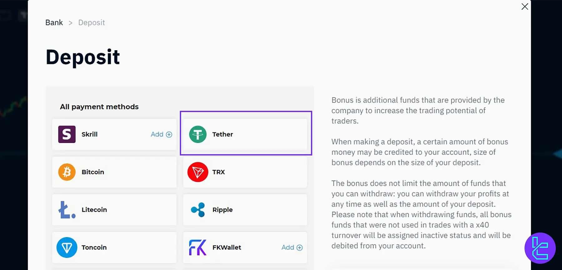 Choose Tether ERC20 to fund Binarium account