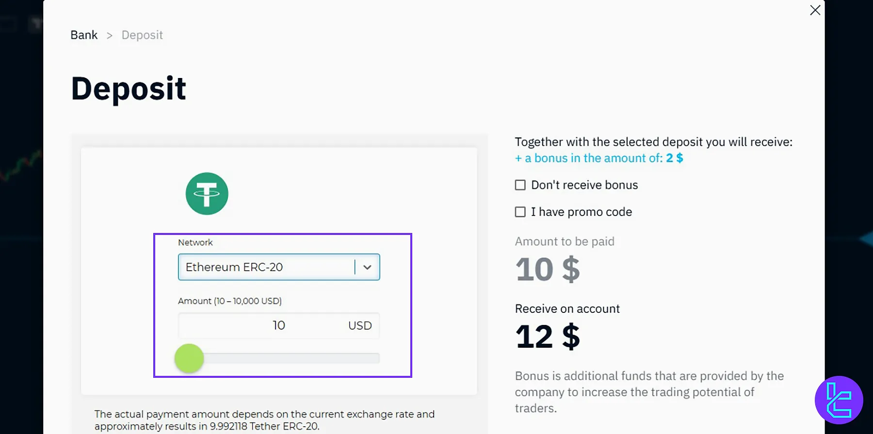 Choosing Ethereum Network to deposit Tether to binarium with $10 as a minimum