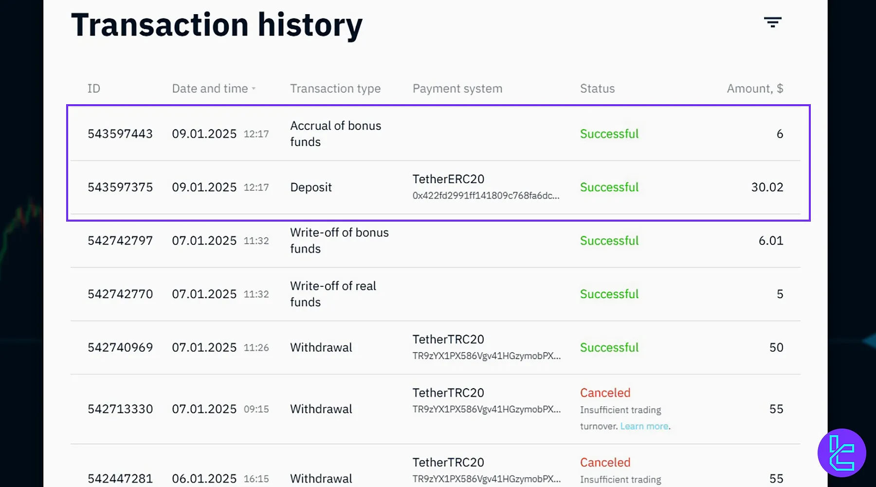 Checking the Tether ERC20 deposit transaction on Binarium