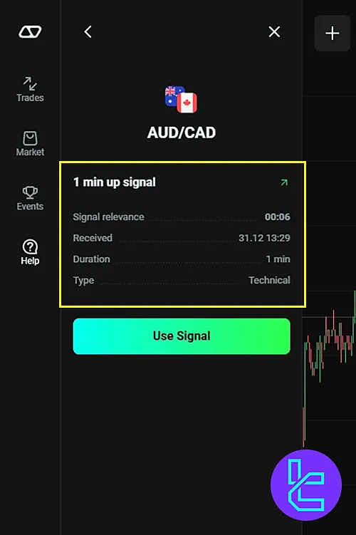 An Olymp Trade copy trade signal showing type, date, and validity