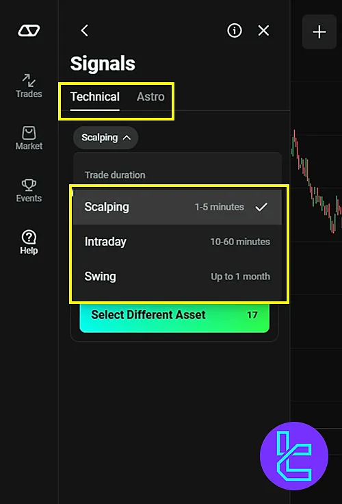 Options for selecting copy trade timeframes and Olymp Trade signal types