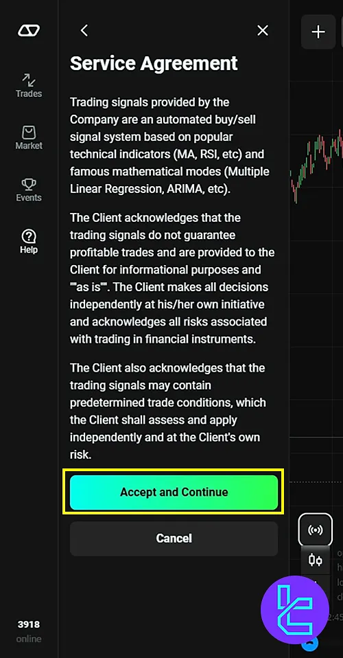 Agreement notice for using Olymp Trade Copy Trade signals