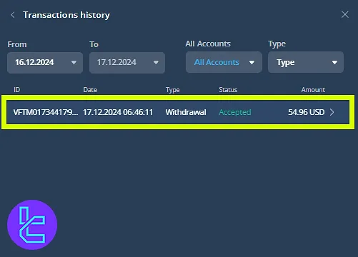 VideForex TRC20 cash out on Transaction History page