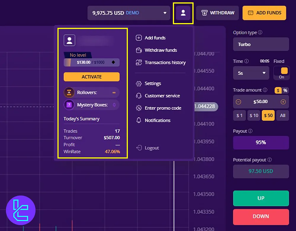 Checking the IQcent interface for account activity, number of trades, and win rate