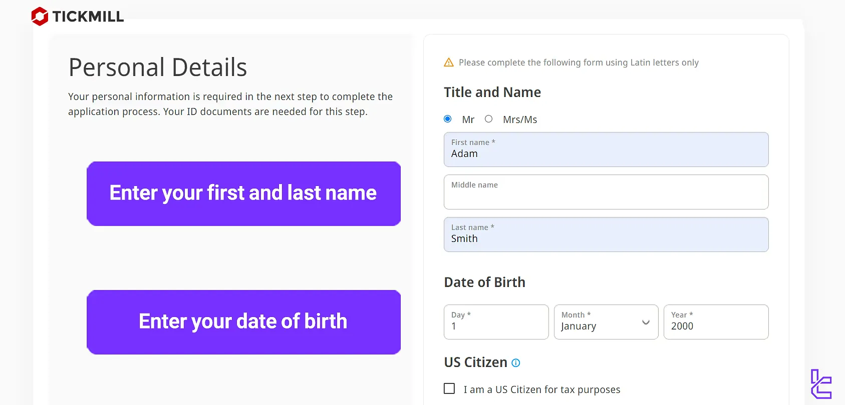 Tickmill registration form