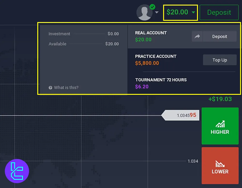 The balance section in the Exnova console displaying account types and financial options