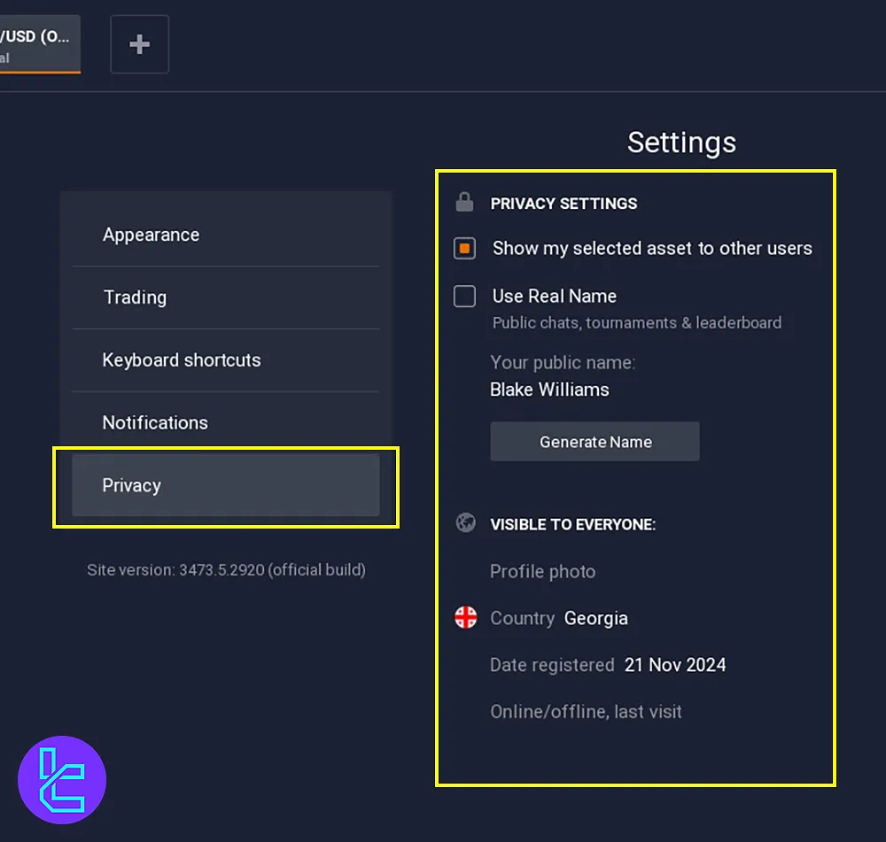 Adjusting the Exnova privacy settings in the dashboard