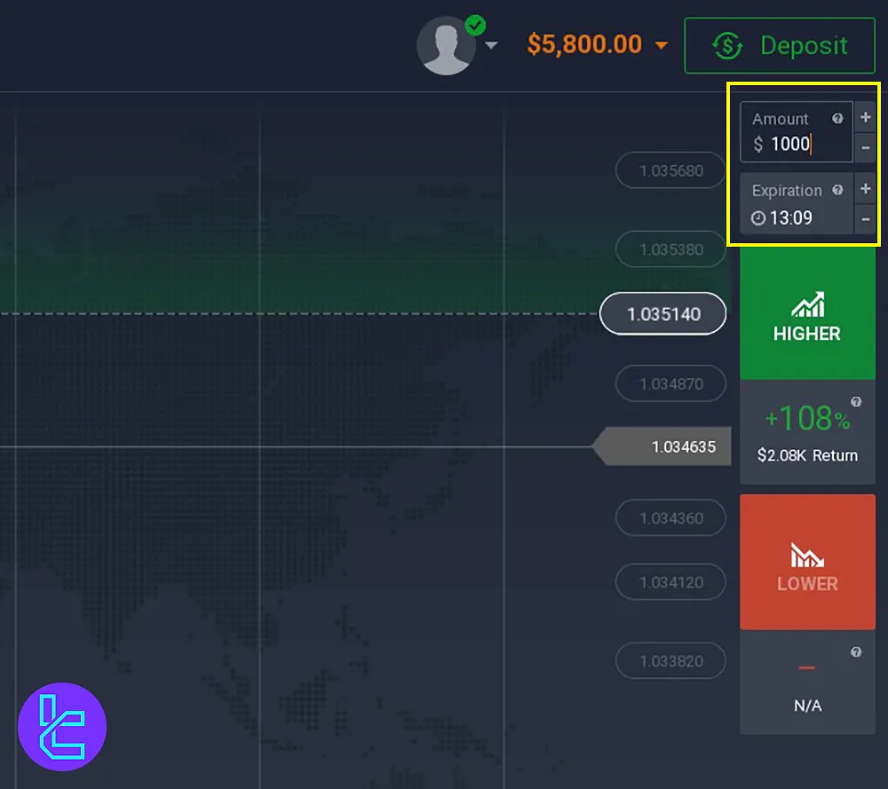 Exnova panel; Inserting trade amount and expiration