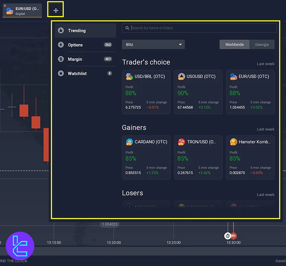 Adding new assets on the Exnova chart interface using the plus sign feature