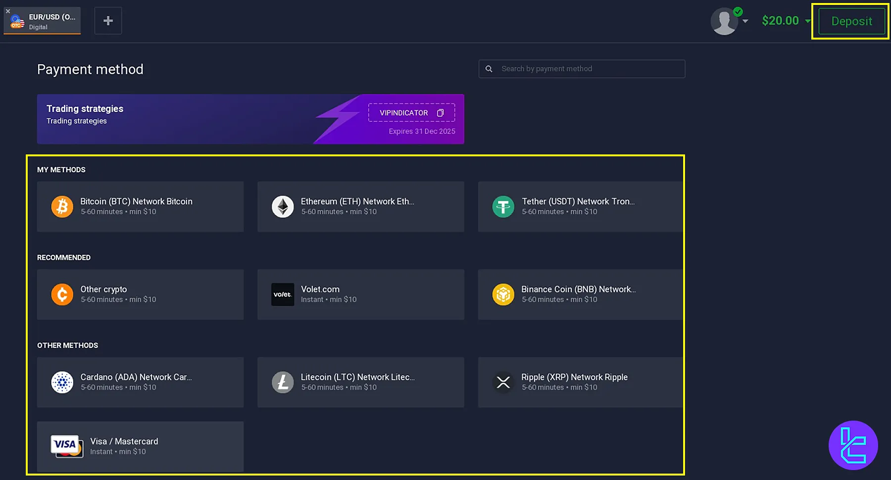 The deposit funds interface on Exnova, showcasing various payment methods