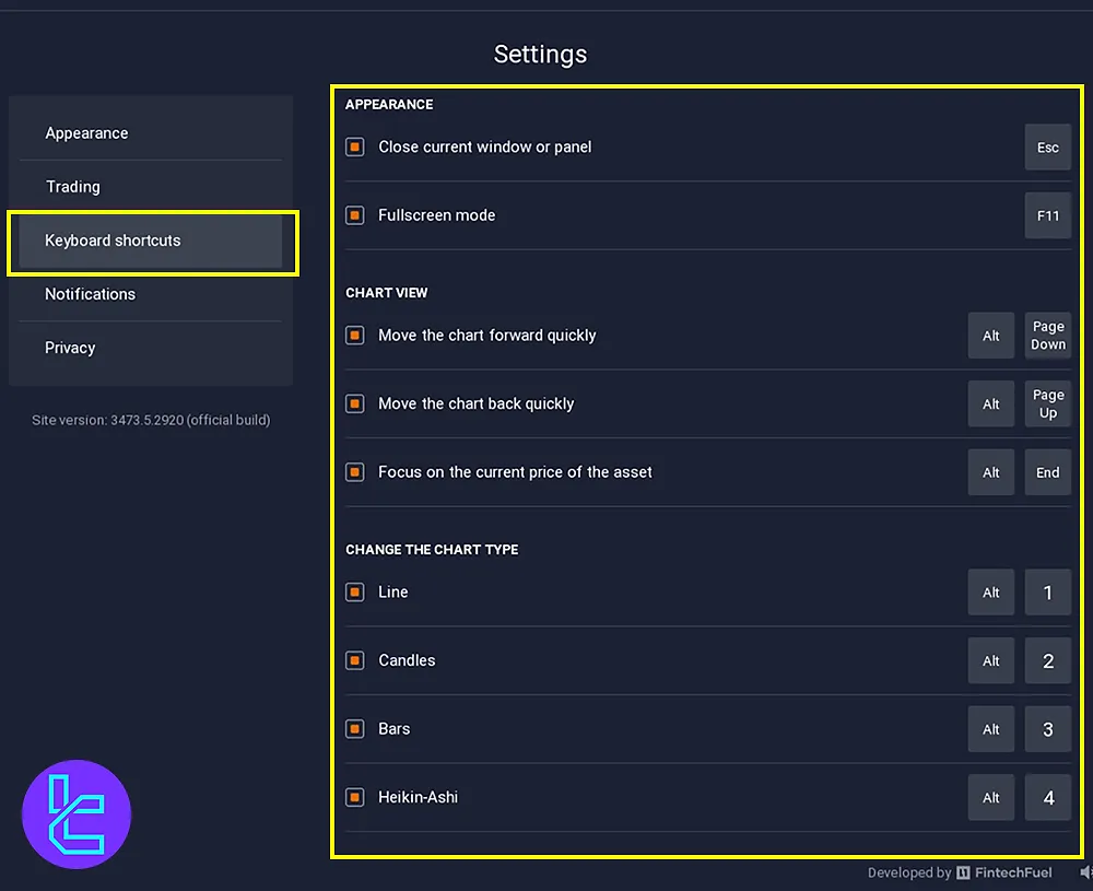 Configuring keyboard shortcuts on Exnova console