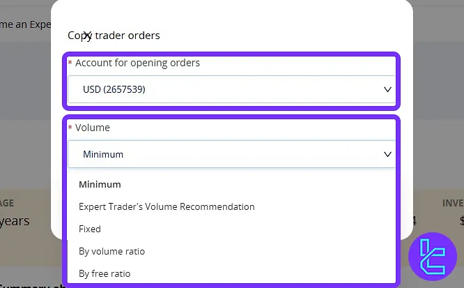 Crystal Ball Markets copy trader order tab