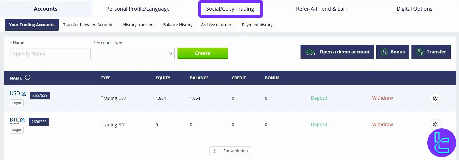 Crystal Ball Markets dashboard and social trading tab