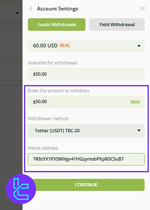 User entering method, amount, and wallet details for Raceoption Tether TRC20 withdrawal