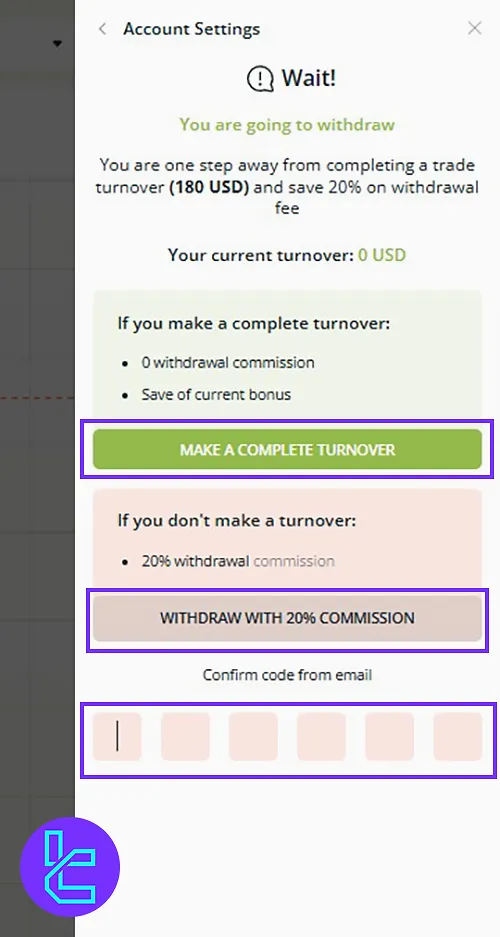 Raceoption’s Email verification for completing the Tether TRC20 withdrawal