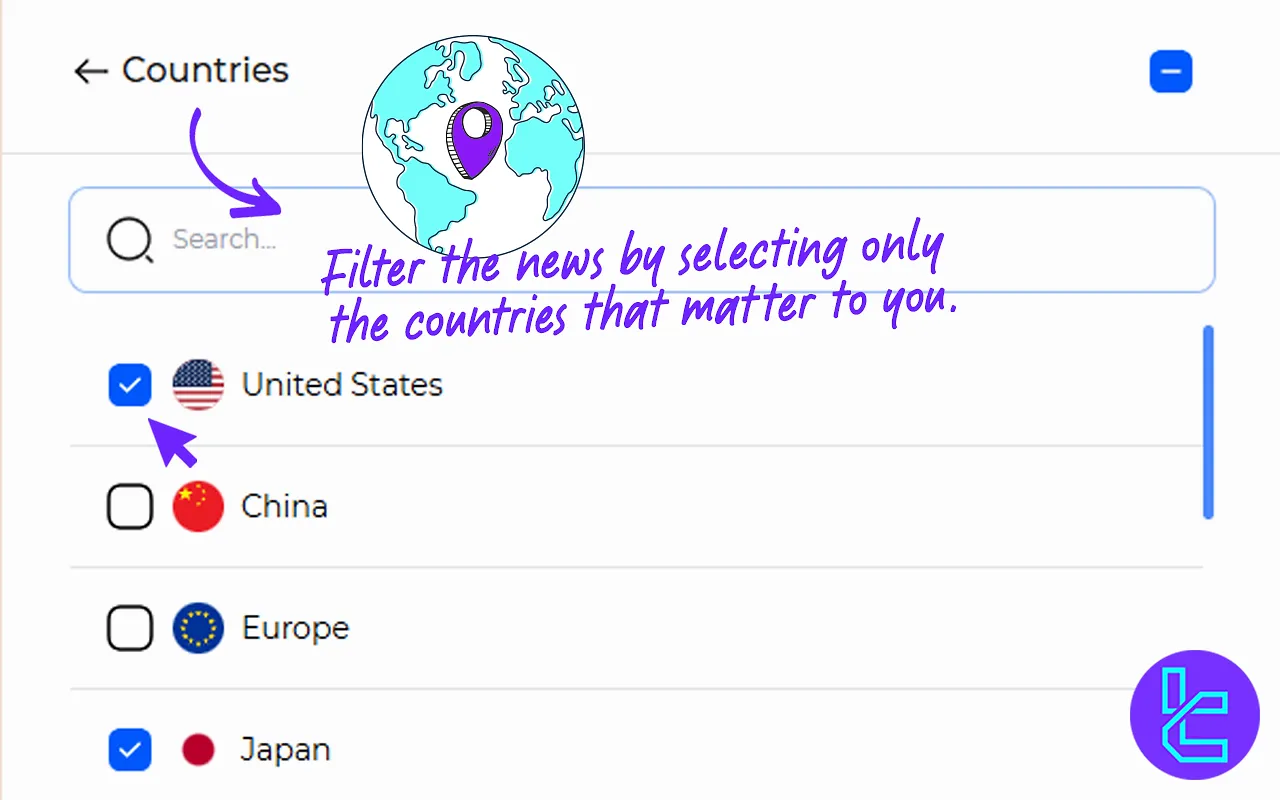 TradingFinder Economic Calendar Country Filter