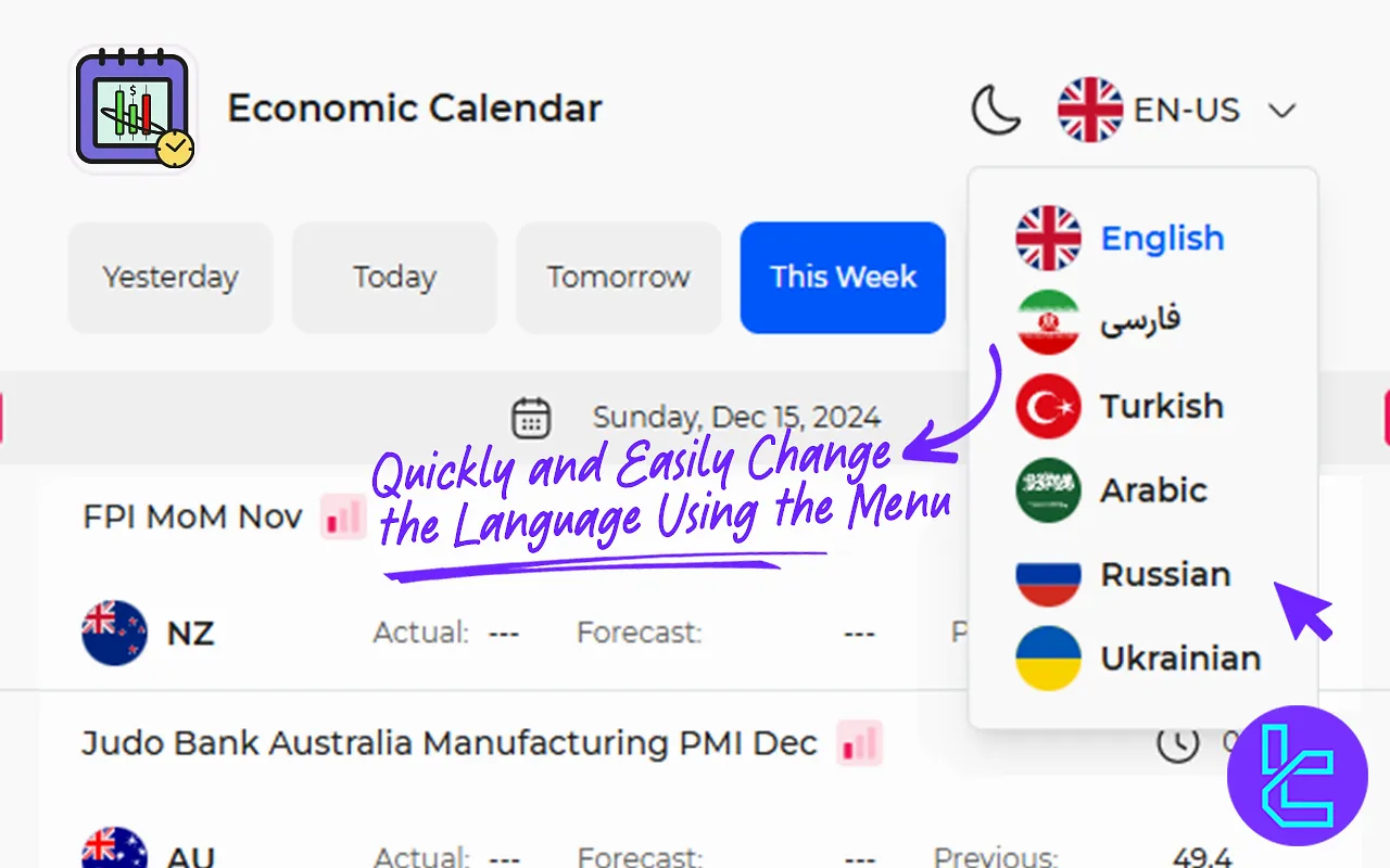 TradingFinder Economic Calendar in Multiple Languages