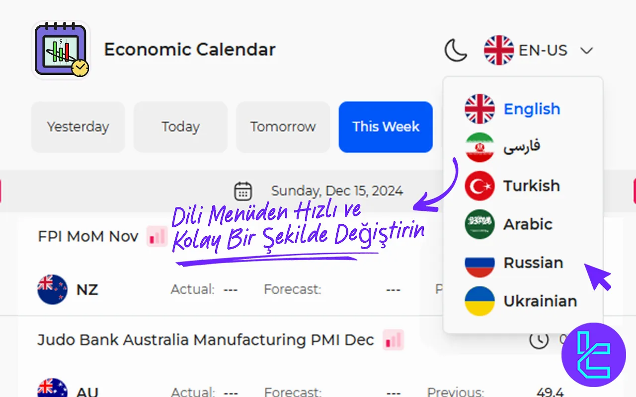 TradingFinder Ekonomik Takvim Çoklu Diller
