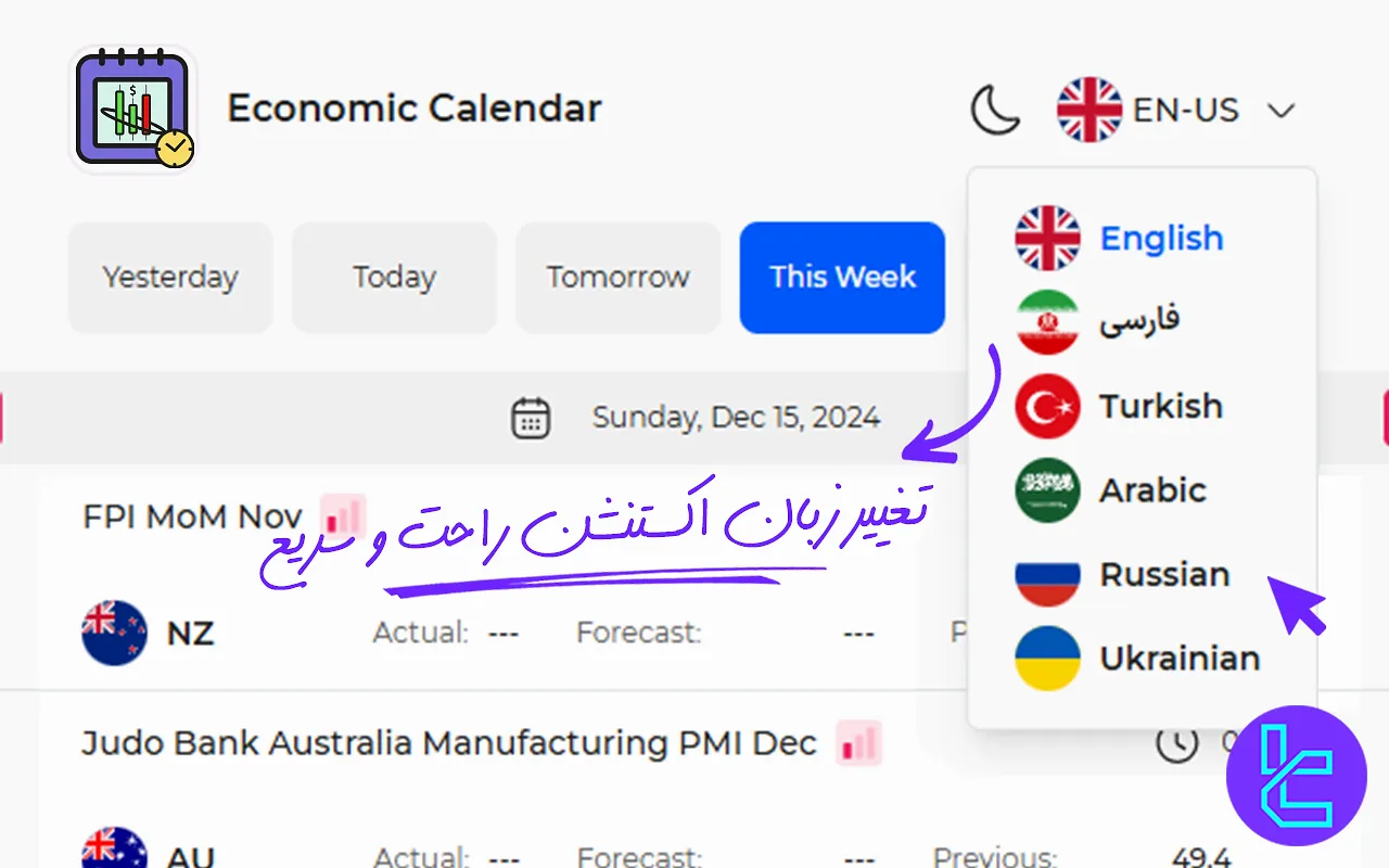 تقویم اقتصادی تریدینگ فایندر در زبان‌های مختلف