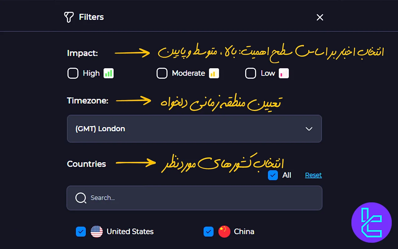 فیلتر اخبار در تقویم اقتصادی تریدینگ فایندر