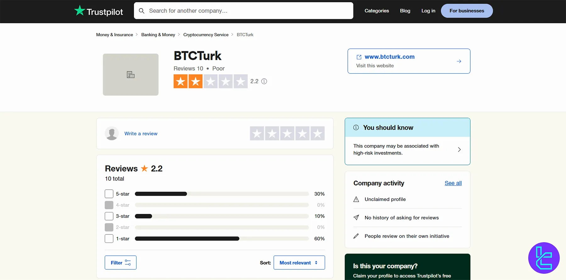 BtcTurk on Trustpilot