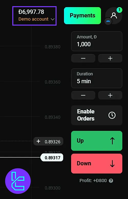 Switching quickly between your Demo, USD, and USDT trading accounts in the OlympTrade platform