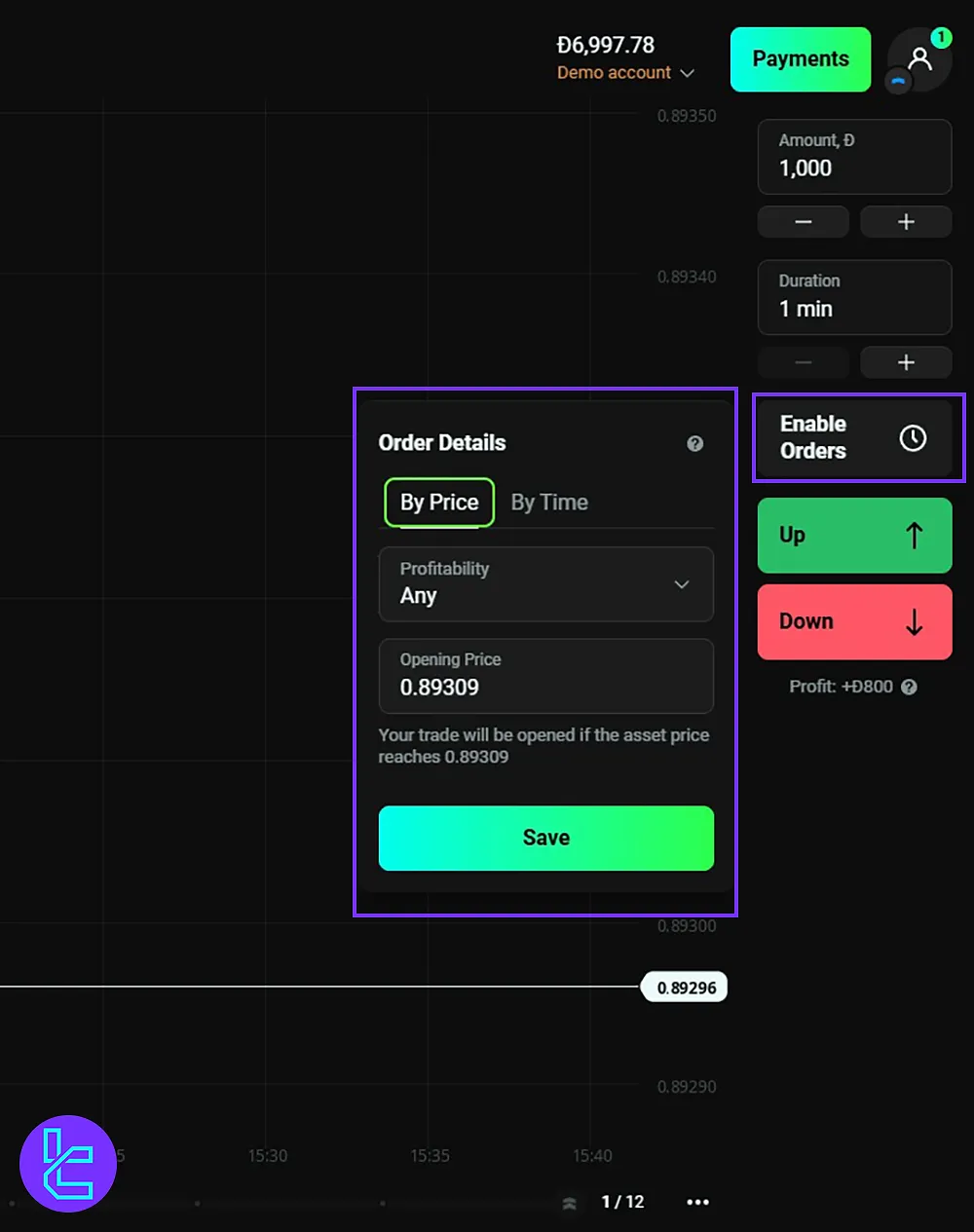 OlympTrade platform’s Enable Orders option