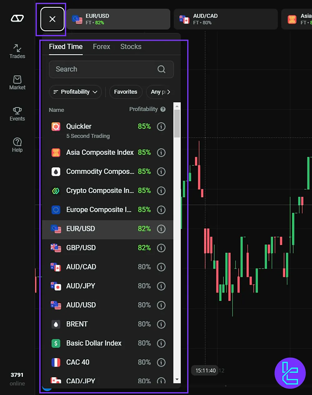 Adding and switch between OlympTrade’s currency pairs directly from the trading platform