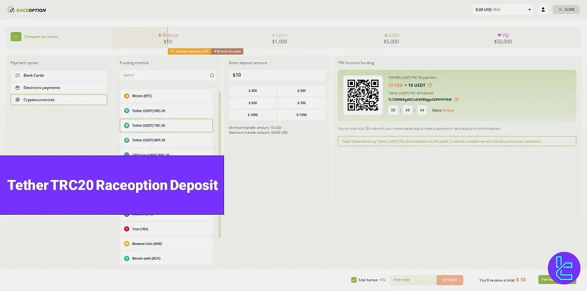 Raceoption Tether TRC20 Deposit - Funding in 2 minutes [Using QR Code] 2025