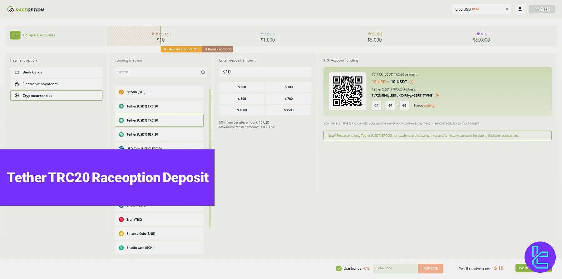 Tether TRC20 Raceoption Deposit - Funding in 2 minutes [using QR Code] 2025