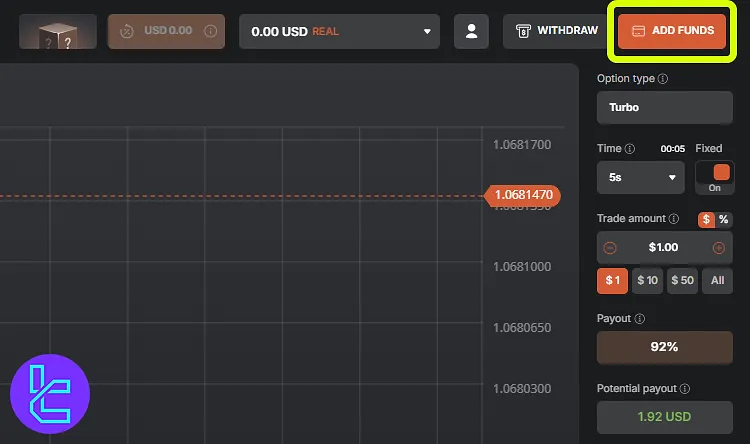 Tradonex TRC20 funding from Add Funds option