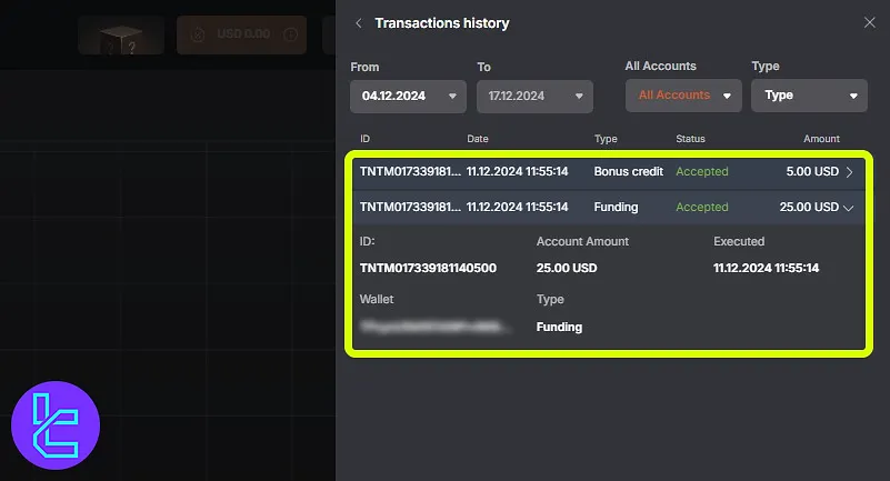 Tradonex TRC20 deposit transaction details