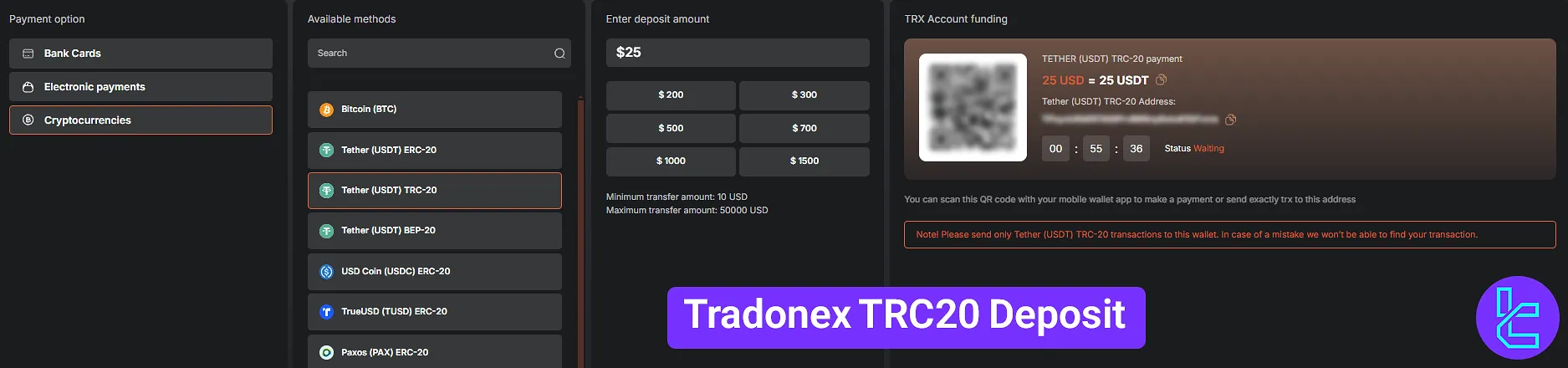 Tradonex TRC20 deposit