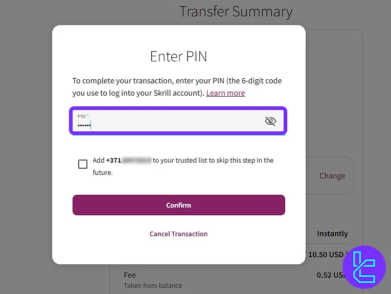 Binarium Skrill transaction PIN code