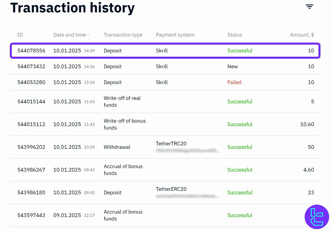 Binarium Skrill payment in transaction history