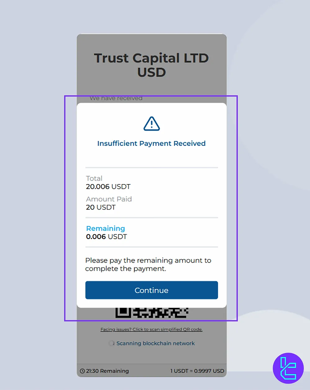 Insufficient Payment Received Error for Trust Capital Tether TRC20 Deposit