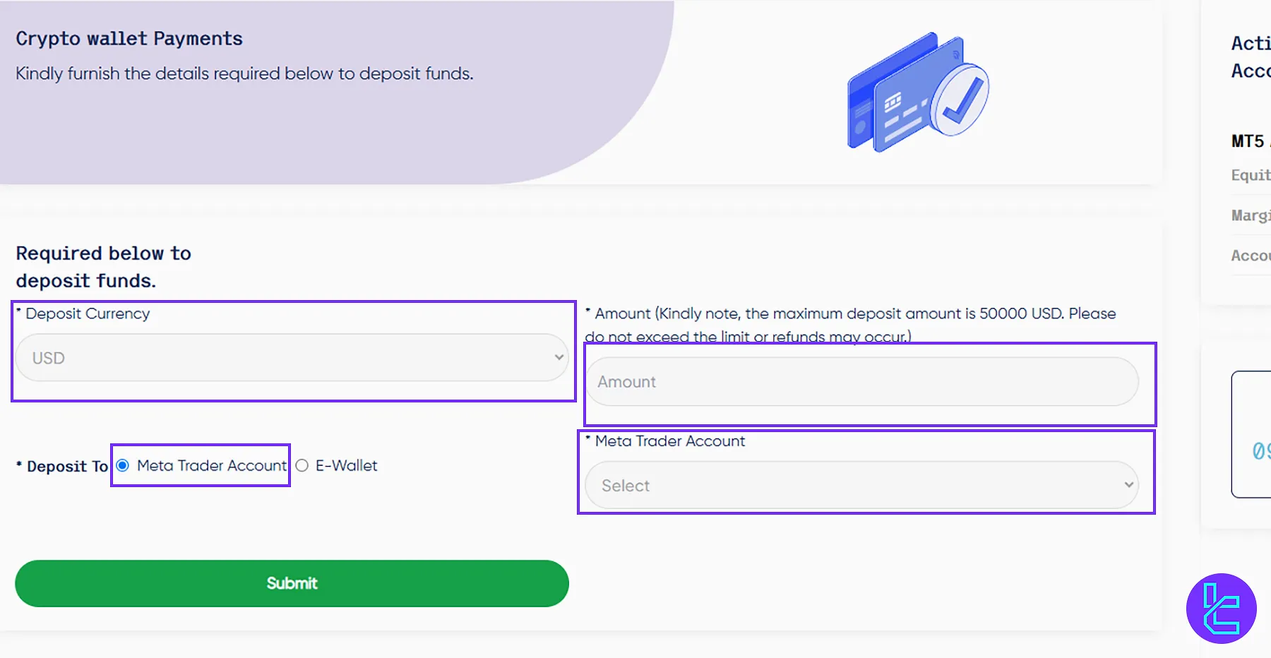 Entering the Tether TRC20 amount and choosing Trust Capital’s MetaTrader account