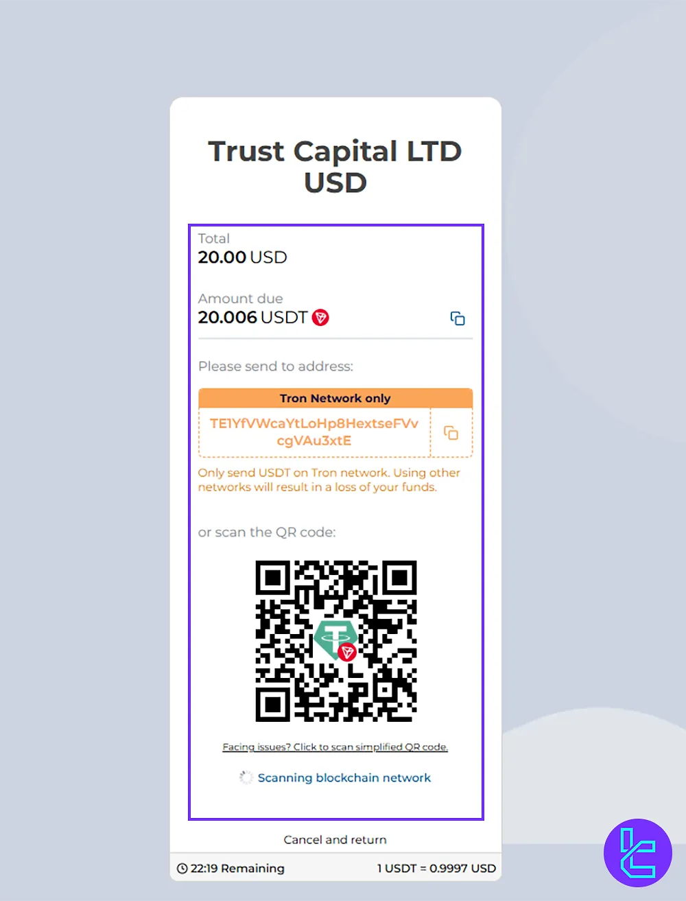 Scanning the Trust Capital QR code for completing the Tether TRC20 payment