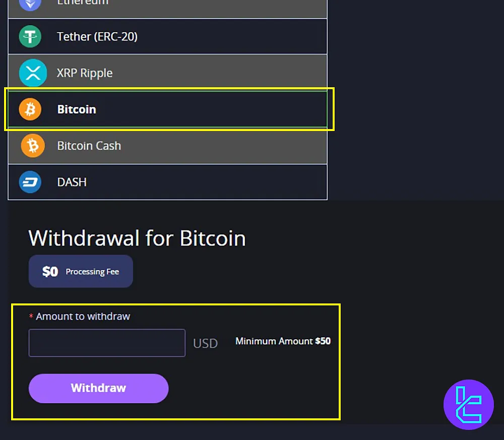 Choosing BTC and entering the withdrawal amount on Crystal Ball Markets