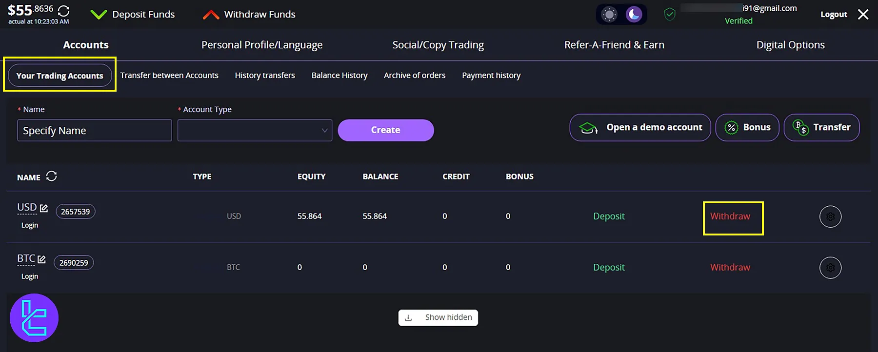 Follow these steps to Withdraw BTC from Crystal Ball Markets Binary Broker