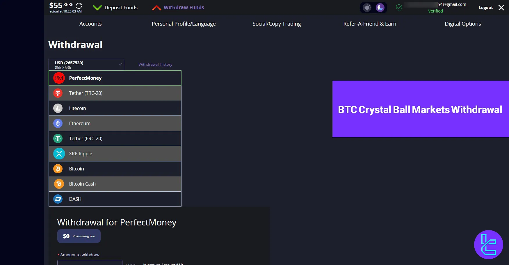 Steps to Withdraw BTC from Crystal Ball Markets