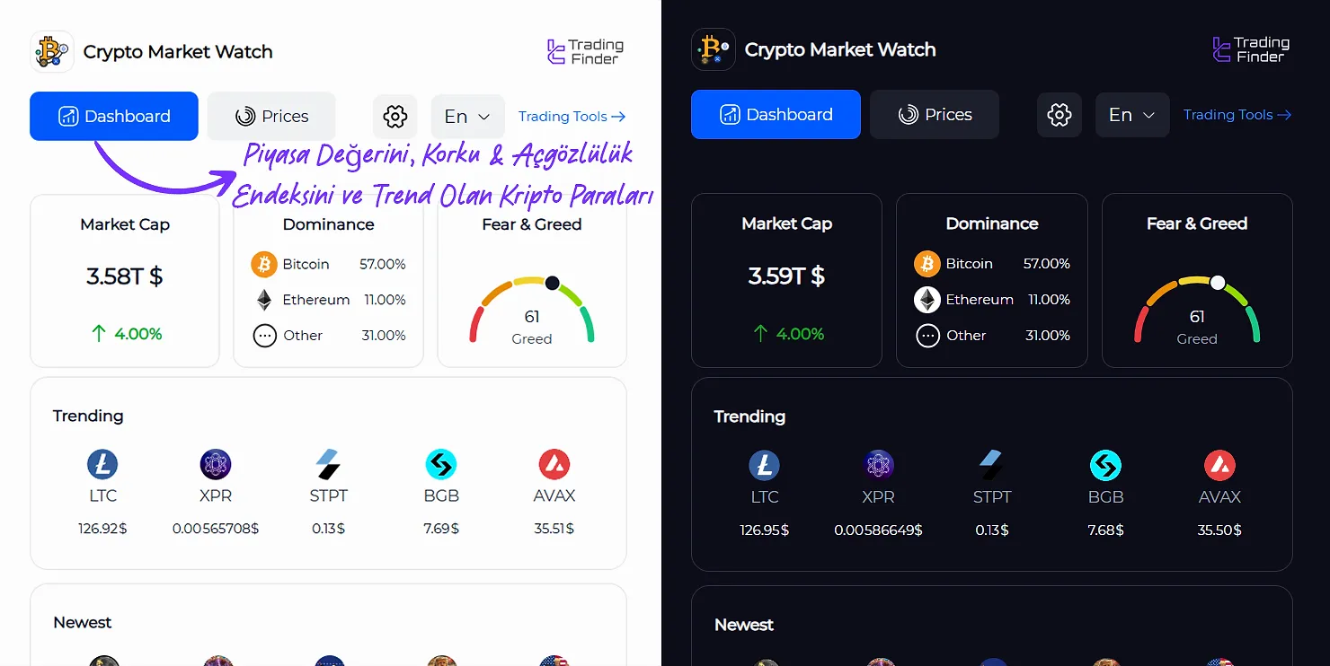 TradingFinder Kripto Piyasa Takip Uzantısının Kontrol Paneli