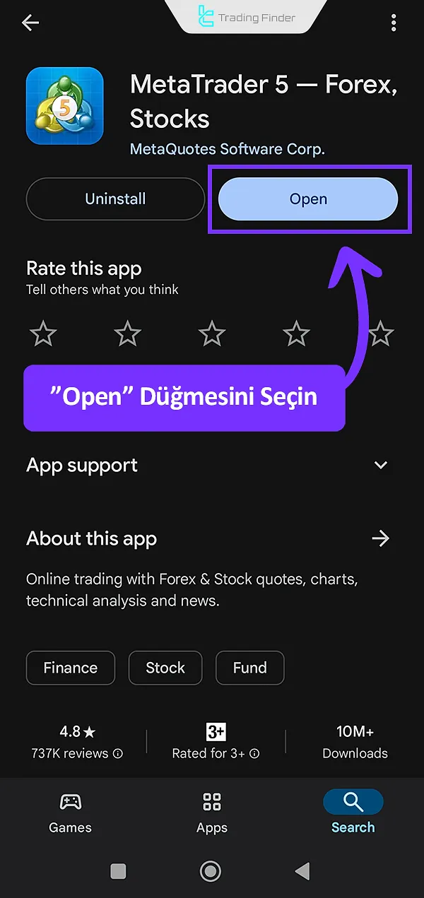 MetaTrader 5 kurulumu sonrası "Open" düğmesi