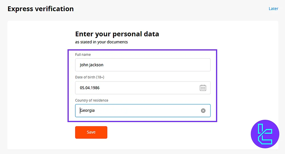 Entering the user's full name, date of birth, and country as the next step to the FBS signup