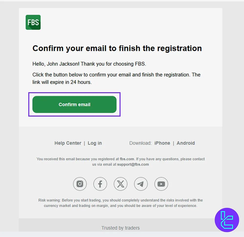 FBS confirmation email, showing a Confirm Email button to complete the registration