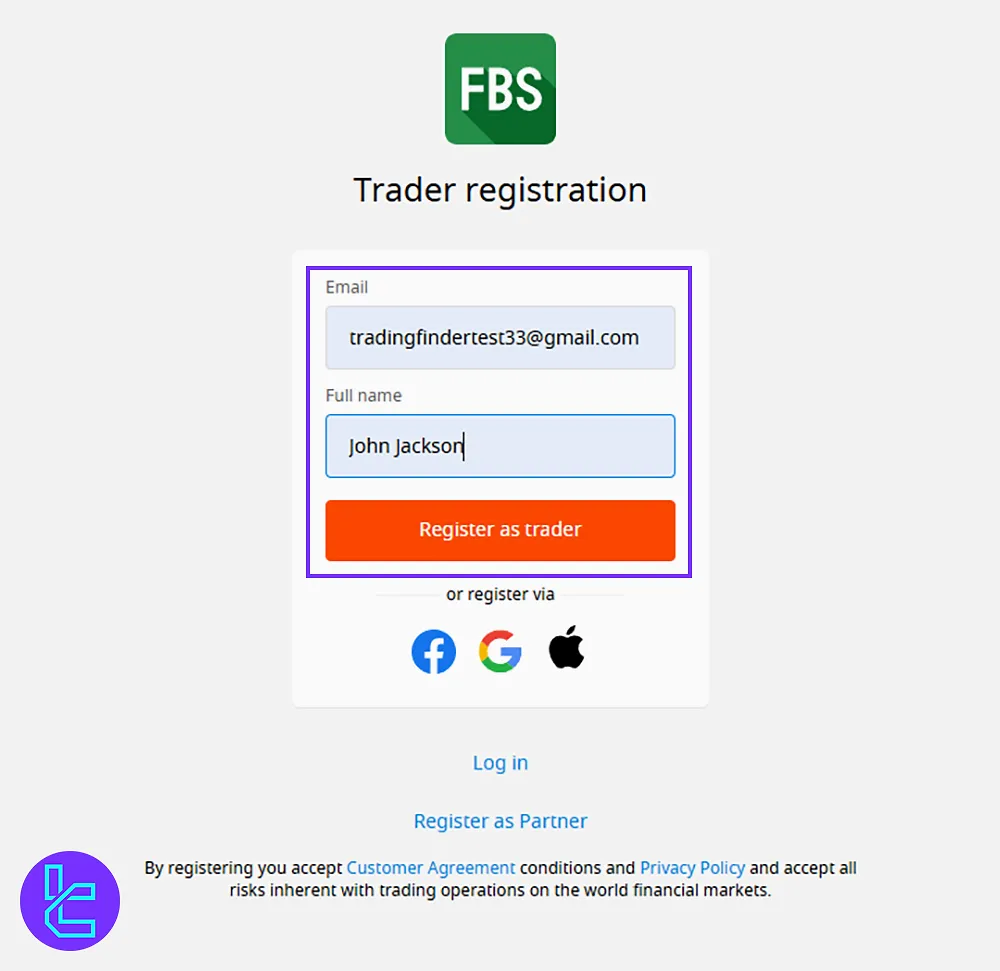 A registration form showing fields for entering an email address and full name on the FBS website