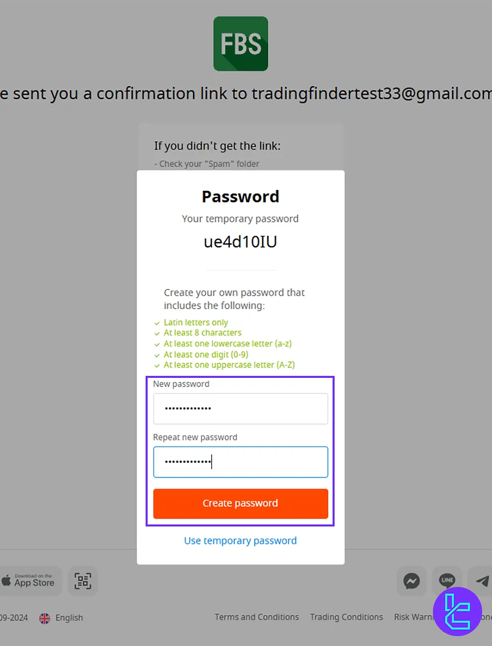 Creating a strong password after registering with FBS broker