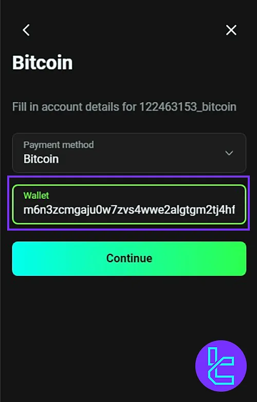 Input field for entering a Bitcoin wallet address on the OlympTrade withdrawal page