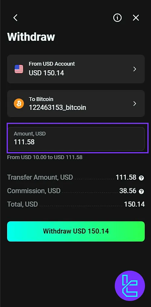 Withdrawal amount field and fee deduction details for OlympTrade Bitcoin transactions