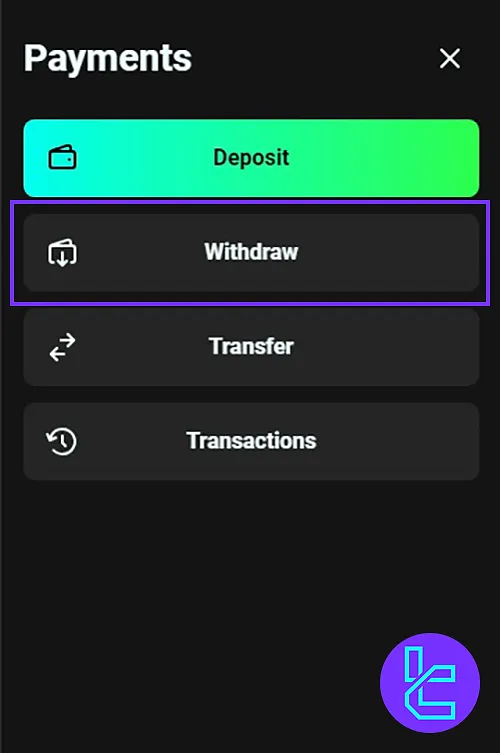 Clicking on the withdraw option for OlympTrade BTC transaction